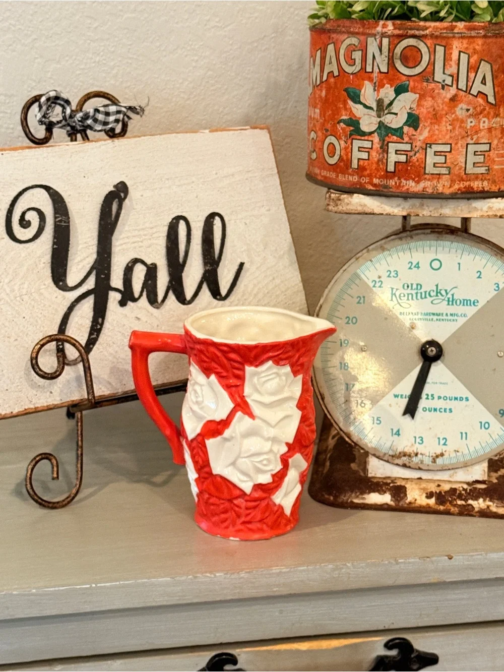 Rare Royal Trico Japan Ceramic Pitcher – Red & Cream Rose Relief, 1950s